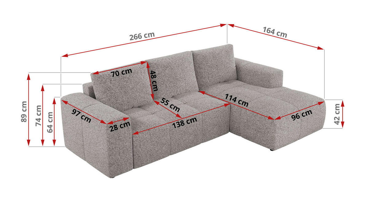 ECKSOFA MONIVA Hellgrau Strukture - Links - Hellgrau/Schwarz, Textil (164/266cm) - MKS