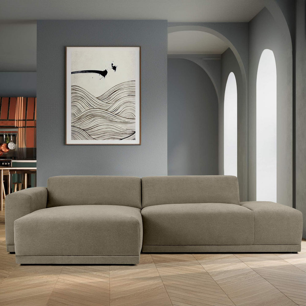 ECKSOFA LINKS MUDI in moderner Optik mit hochwertigem Kaltschaum, Cord-Stoff, Ecru - Ecru/Schwarz, Textil (280/160cm) - KONSIMO®