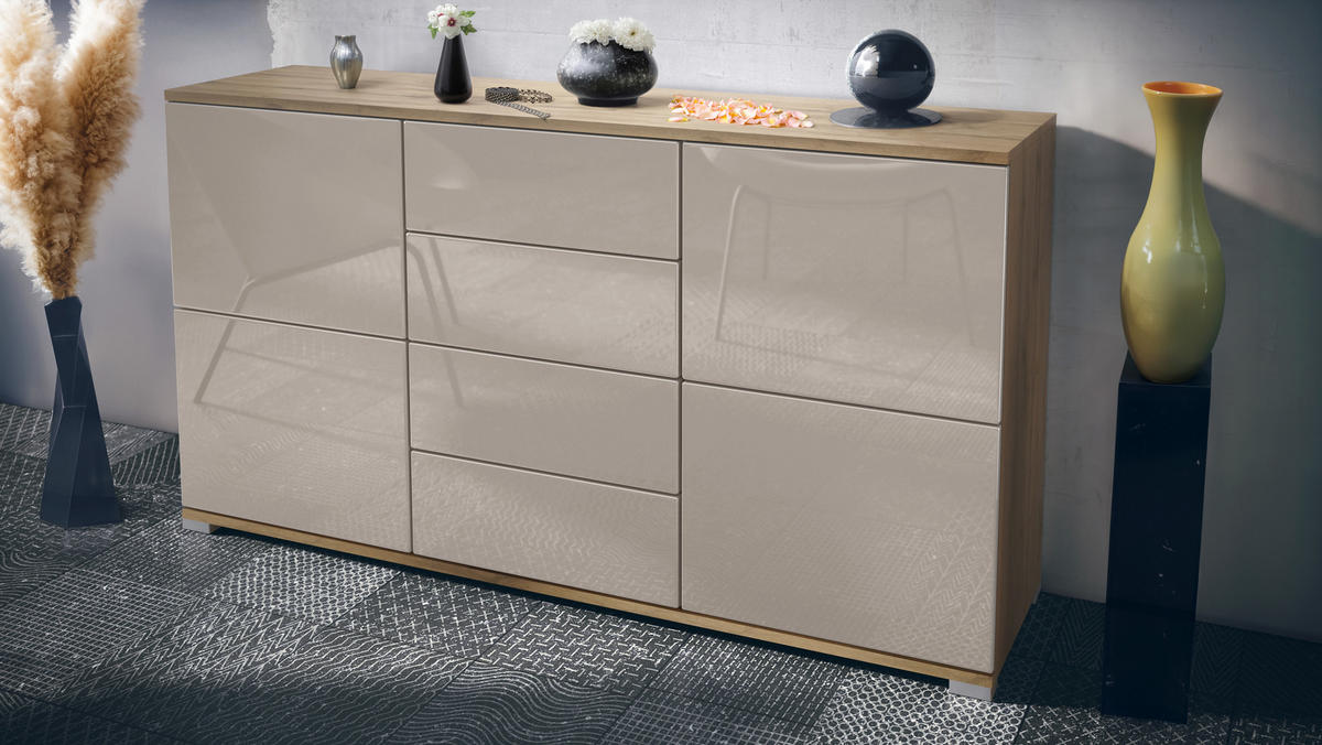 SIDEBOARD Rova Sandgrau Hochglanz - Sandfarben, Holzwerkstoff (138.5/75.5/35cm) - Vladon