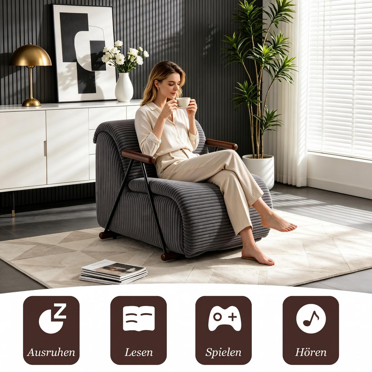 XXL-SESSEL mit Armlehnen, Cord Loungesessel, Ergonomisch, Grau - Grau, Textil/Metall (71/75/100cm) - LVHOM