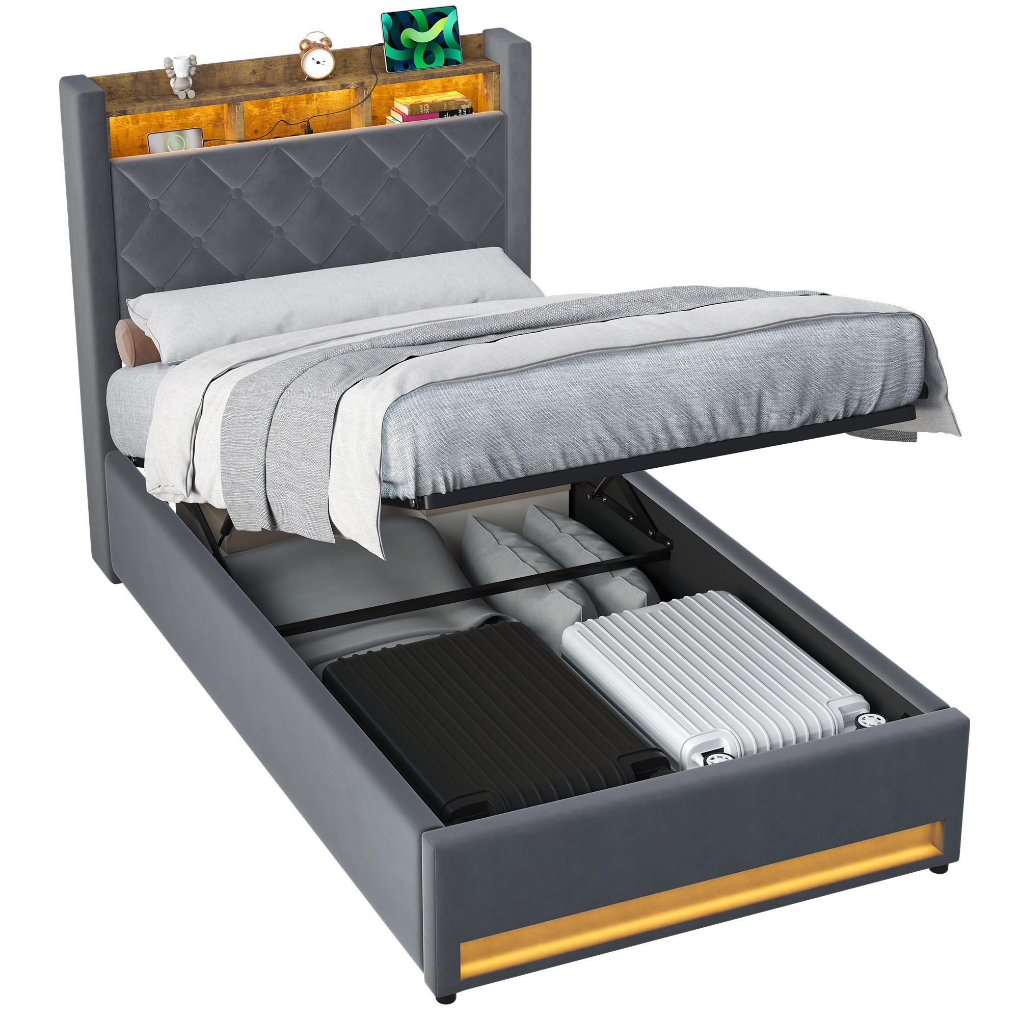 POLSTERBETT 90/200 cm aus Samt in Dunkelgrau, LED, USB, Kopfablage, Gasdruckstauraum - Grau, Textil (90/200cm) - OKMYHOME