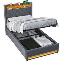 POLSTERBETT 90/200 cm aus Samt in Dunkelgrau, LED, USB, Kopfablage, Gasdruckstauraum - Grau, Textil (90/200cm) - OKMYHOME