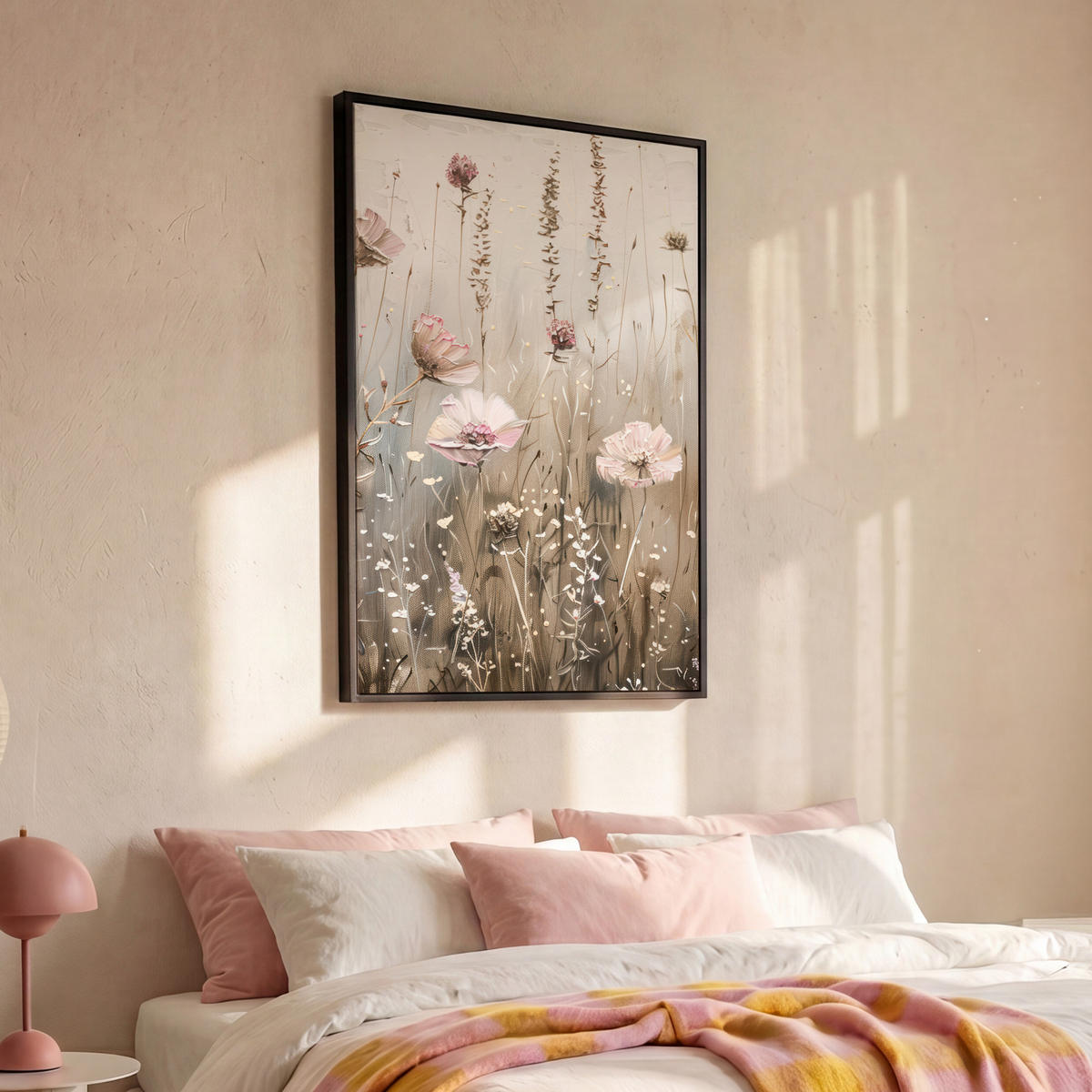LEINWAND Bilder mit Rahmen - Blumen - Rosa - Modern - Beige - 100x150 - Beige, Textil (100/150cm) - MuchoWow