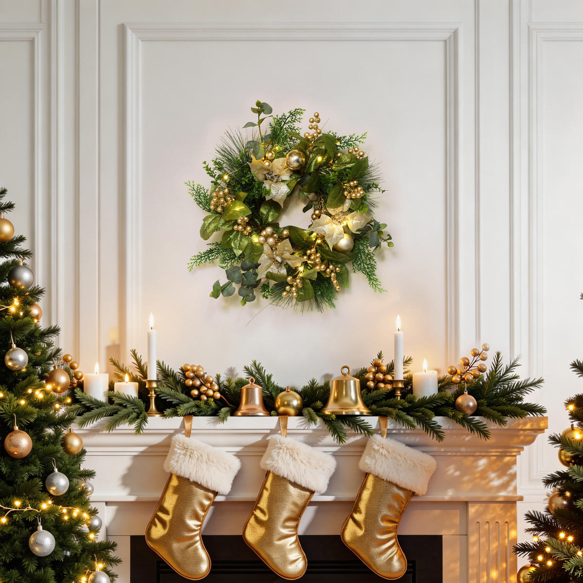 40 cm Weihnachtskranz mit LED&Timer, Goldblüten & Eukalyptus - Grün, Kunststoff (50cm) - Hometopia