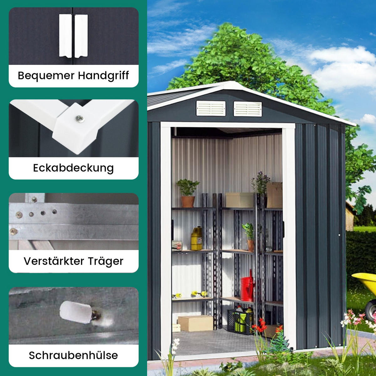 GERÄTEHAUS Dunkelgrau - Dunkelgrau, Metall (127/185/123cm) - COSTWAY