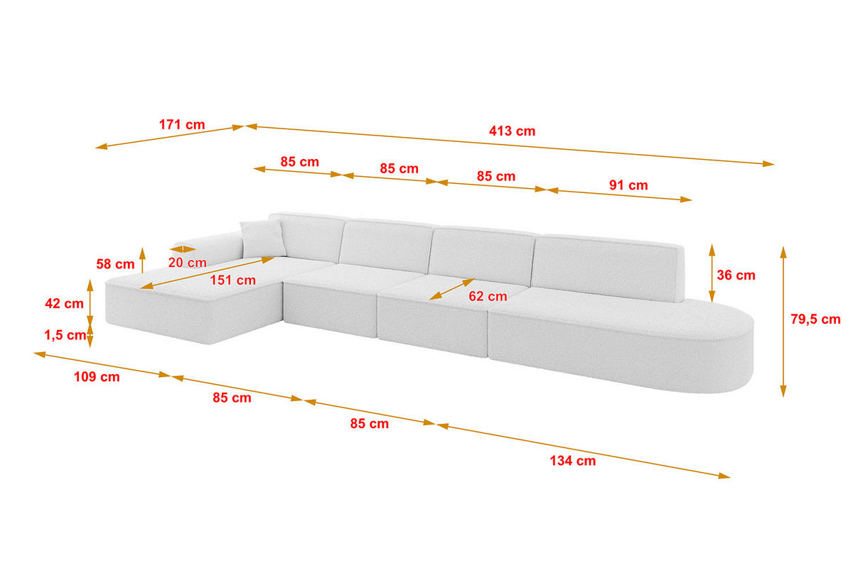 ECKSOFA Ottomane Links IREA-L3-v3 - 413x171x79 cm Weiß - Weiß, Holzwerkstoff/Textil (413/171cm) - ALTDECOR