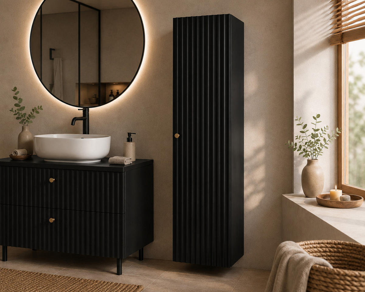 BADEZIMMER-HOCHSCHRANK: Schwarz / Griffe Gold, 35 x 27 x 136 cm - Goldfarben/Schwarz, Holzwerkstoff (35/136/27cm) - 3XE LIVING