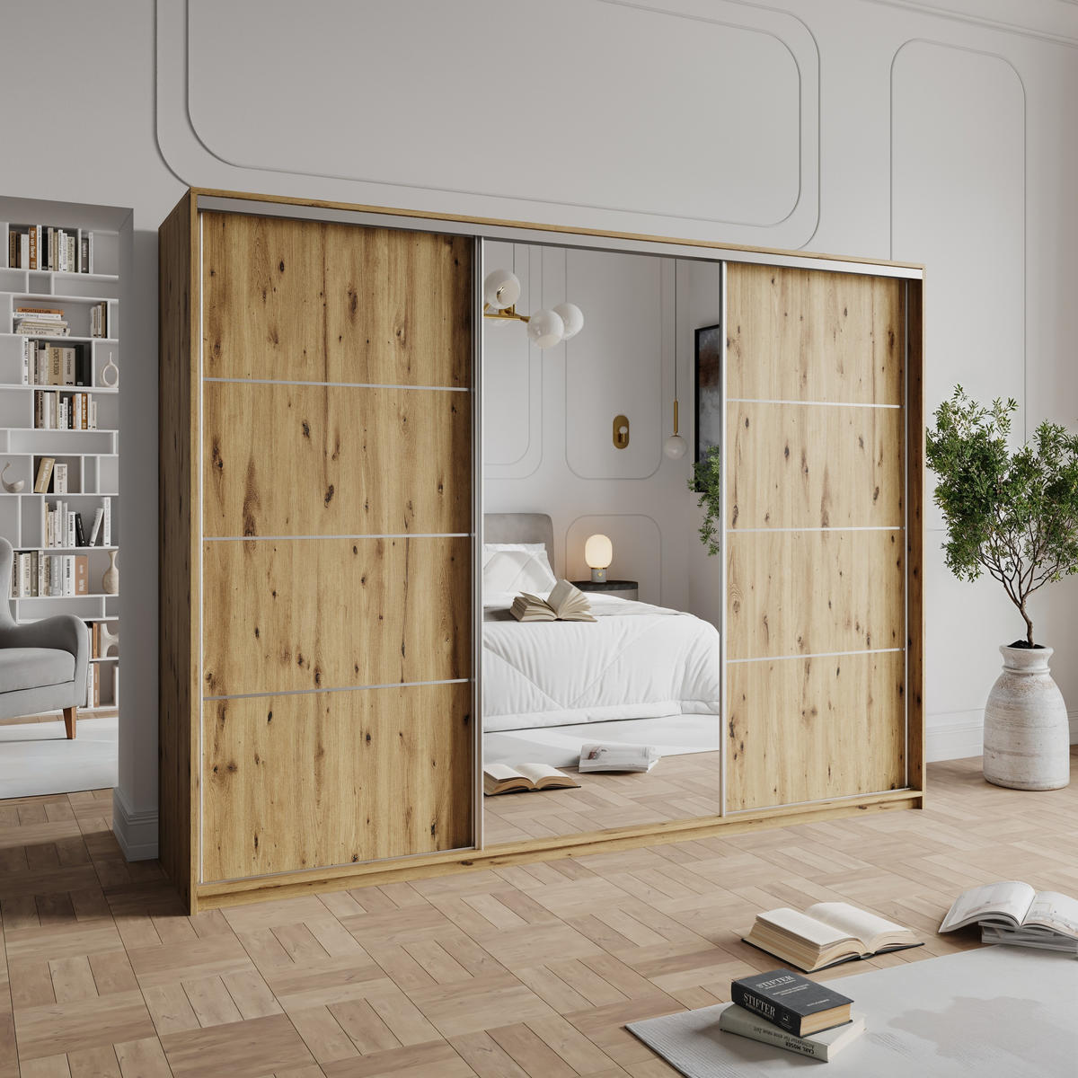SCHWEBETÜRENSCHRANK VARO 270/205/60 cm 3-türig mit Spiegel Eiche Artisan - Eiche Artisan, Holzwerkstoff (270/205/60cm) - MASSENO