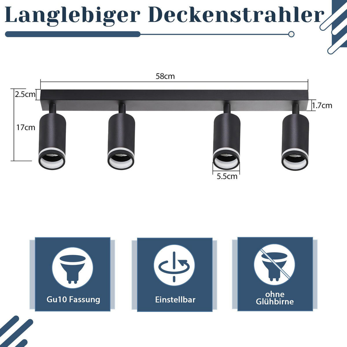 STRAHLER Herne 4-flammig 58/5/17 cm - Schwarz, Metall (58/5/17cm) - Nettlife