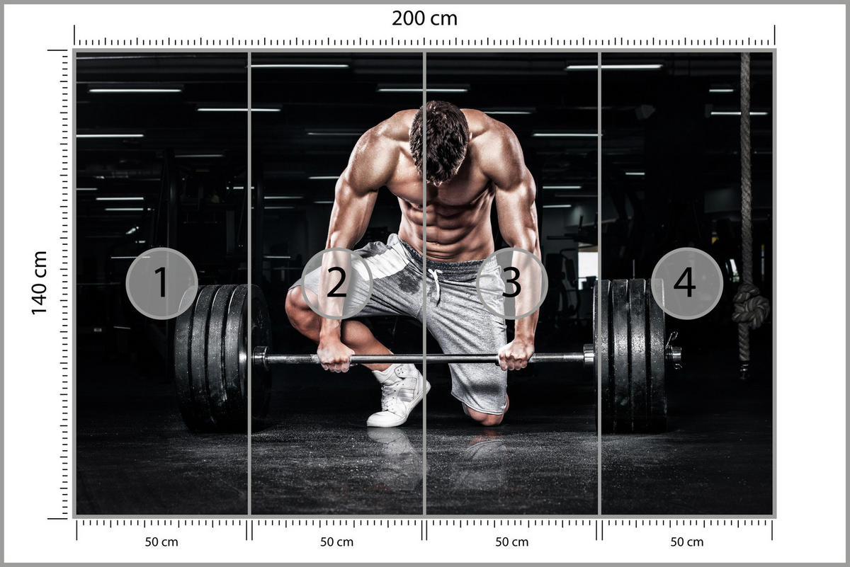 FOTOTAPETE Muskulöser Mann Fitnessstudio Training Sport 200x140 - Beige/Schwarz, Papier (200/140cm) - Muralo