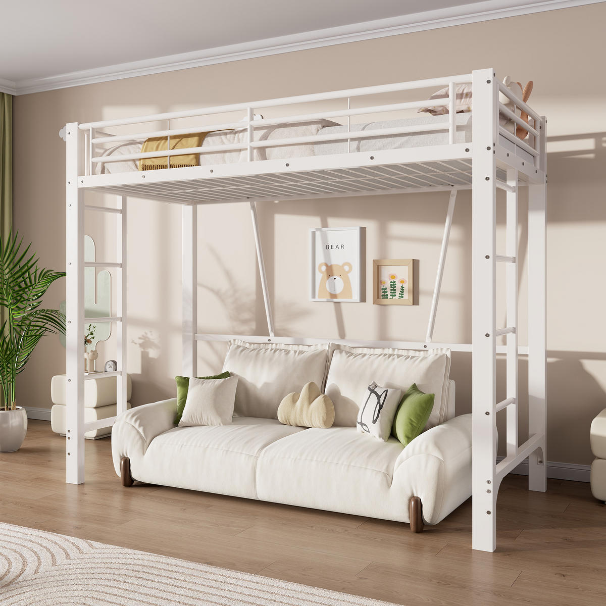 HOCHBETT 90/200 cm in Weiß mit Doppelleiter, Schutzgeländern und offenem Raum unter dem Bett aus Metall - Weiß, Metall (90/200cm) - STILVORA