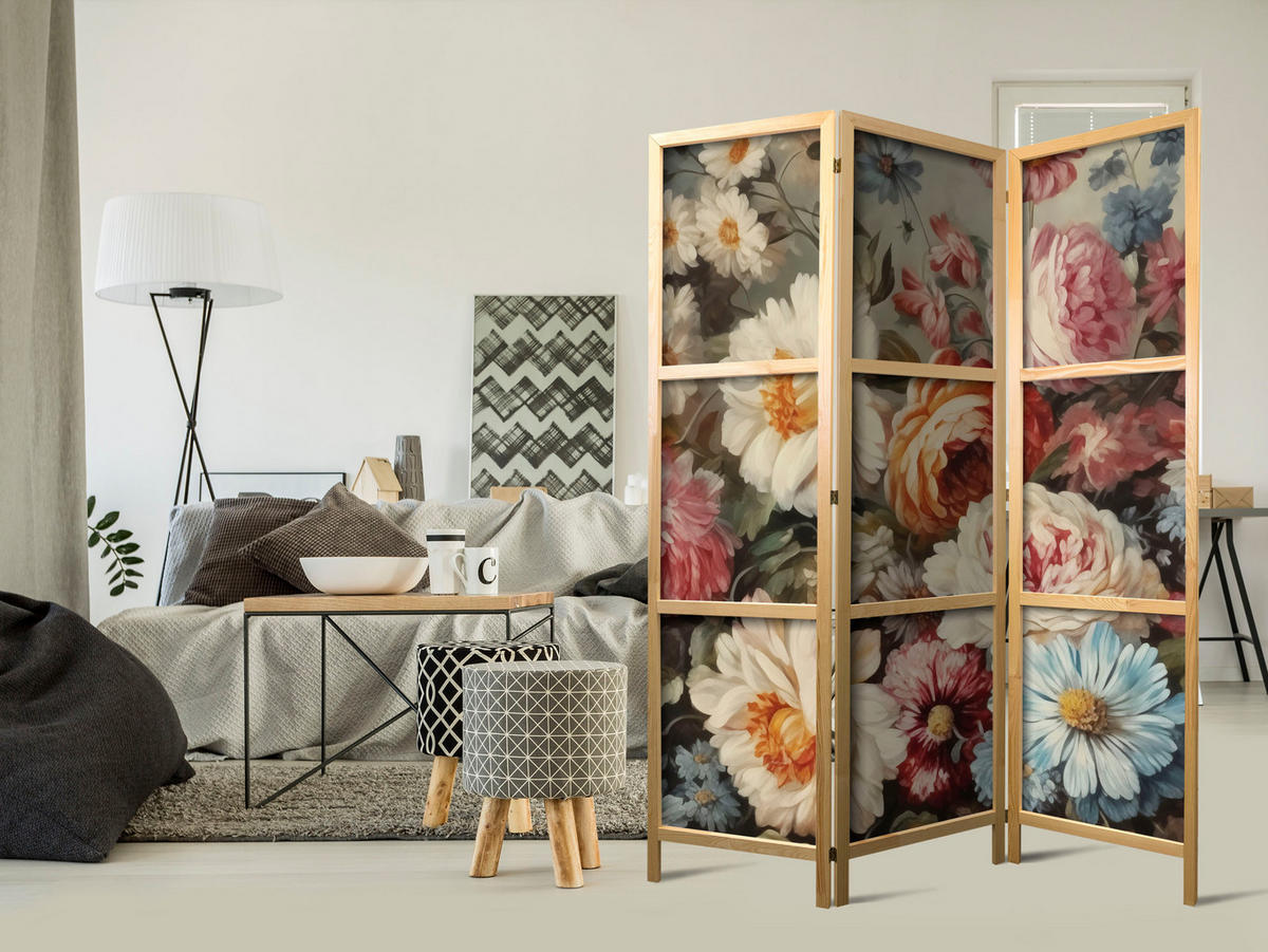 PARAVENT Japanischer 3-tlg 135x172 cm Bunte Blumen - Multicolor, Holz/Textil (135/172/3cm) - Muralo