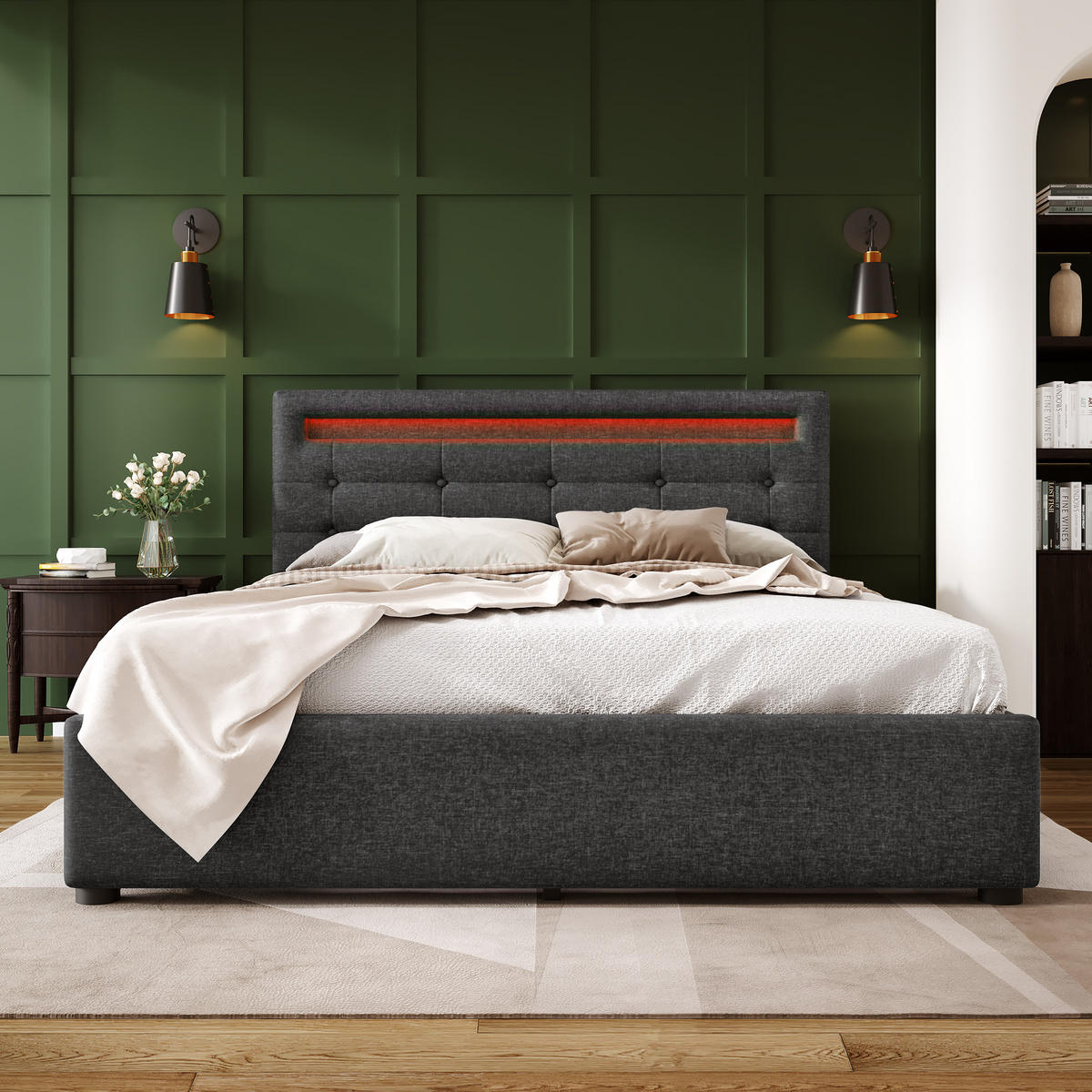 POLSTERBETT 140/200 cm Grau mit LED-Beleuchtung und 4 Schubladen - Grau, Textil (140/200cm) - Flora Grace