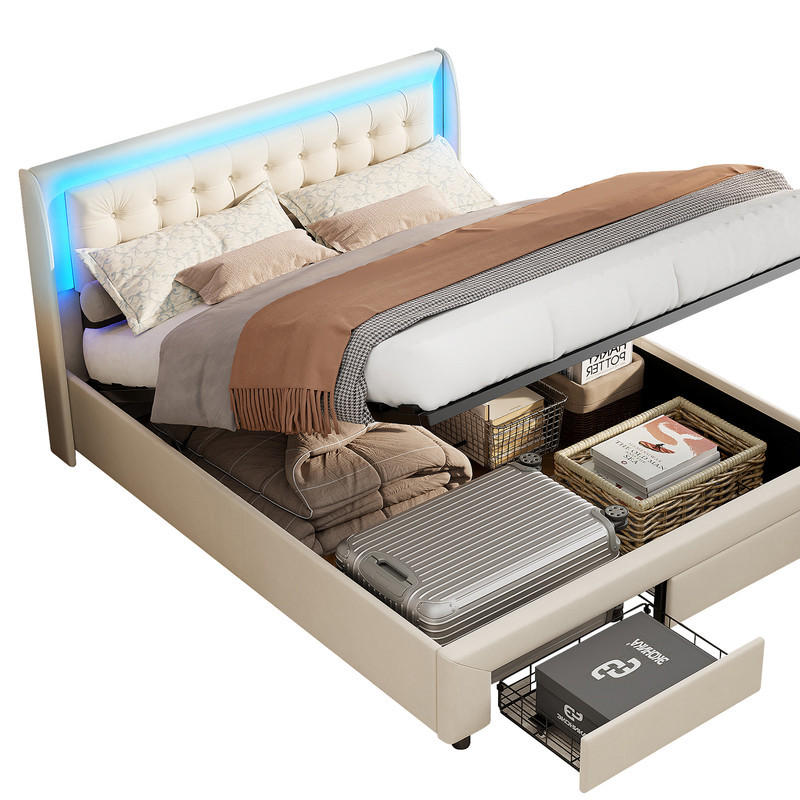 POLSTERBETT Samt 180x200cm im Chesterfield Stil mit LED und 2 Schubladen - Beige, Holzwerkstoff (180/200cm) - Novahome