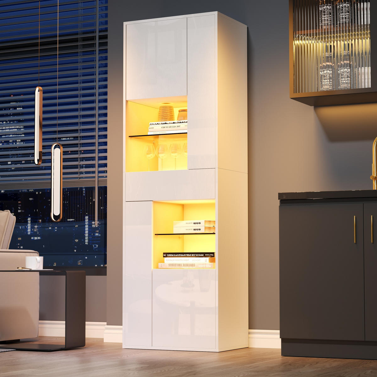 VITRINE in Weiß Verkaufsvitrine mit LED-Beleuchtung und 1 Schublade für Wohnzimmer, B55/T38/H170cm - Weiß, Glas/Holzwerkstoff (55/170/38cm) - STILVORA