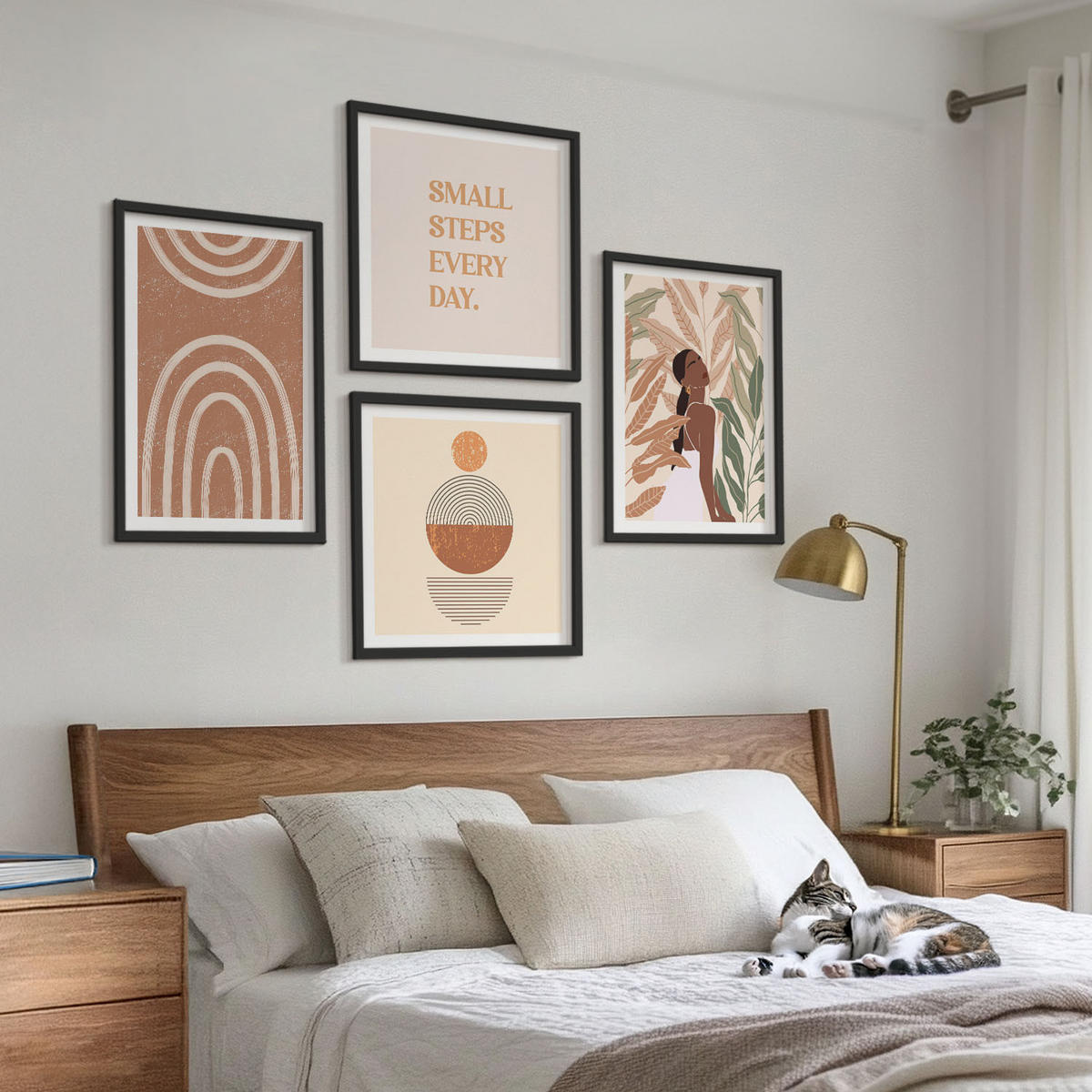 WANDBILDER 4er-Set - 50x50 cm & 40x60 cm Schwarzer Rahmen - Stilvolle Pflanzenmuster und Geometrie - Schwarz, Kunststoff (50/50cm) - ArtPrintCave