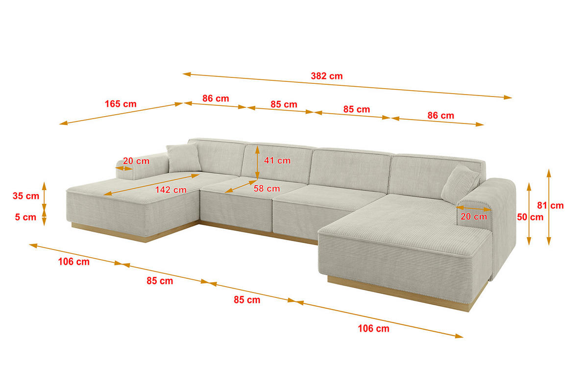 WOHNLANDSCHAFT IREA-U2-v2 - 382x165x81 cm Hellgrau - Hellgrau, Holzwerkstoff/Textil (382/81/165cm) - ALTDECOR