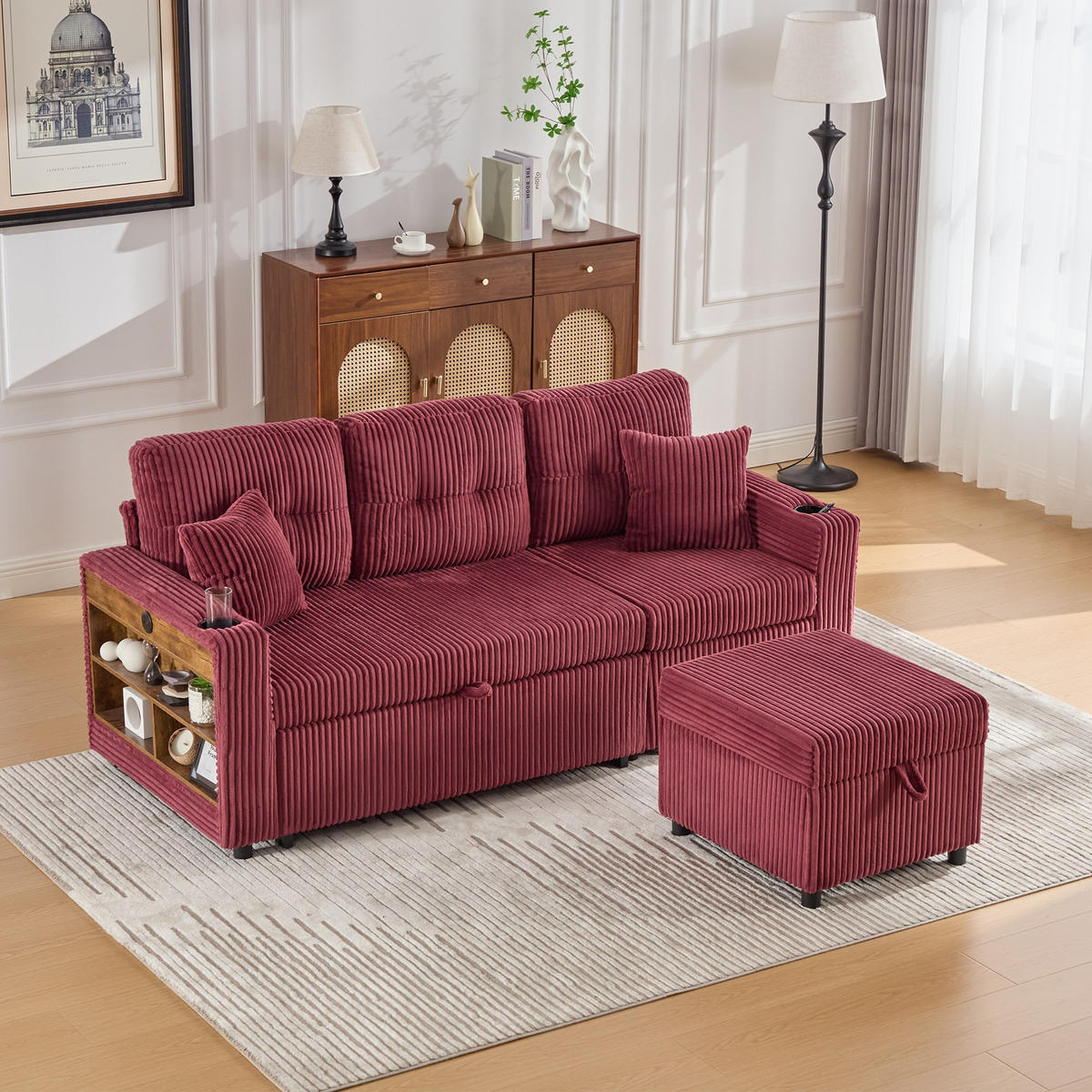 SCHLAFSOFA 3-er Sofa mit Schlaffunktion,Aufbewahrungshocker,Cord,Rot - Rot, Textil (196/85/119cm) - LVHOM
