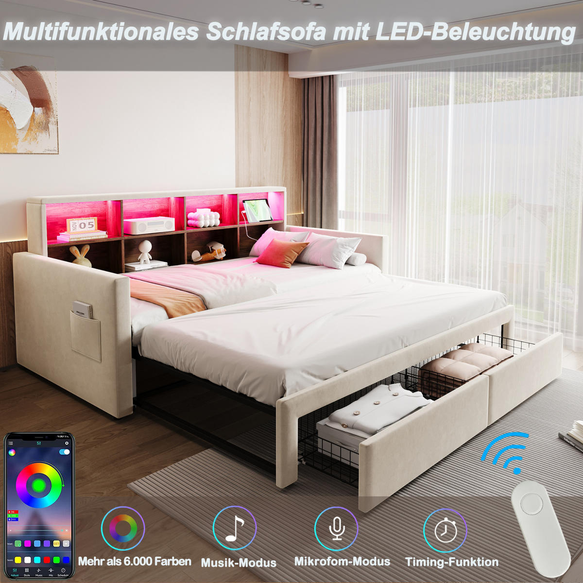 ČALÚNENÁ posteľ 90/190 cm rozkladacia s LED osvetlením, zásuvkami a úložným čelom, zamatová, Béžová - béžová, textil (90/190cm) - Redom