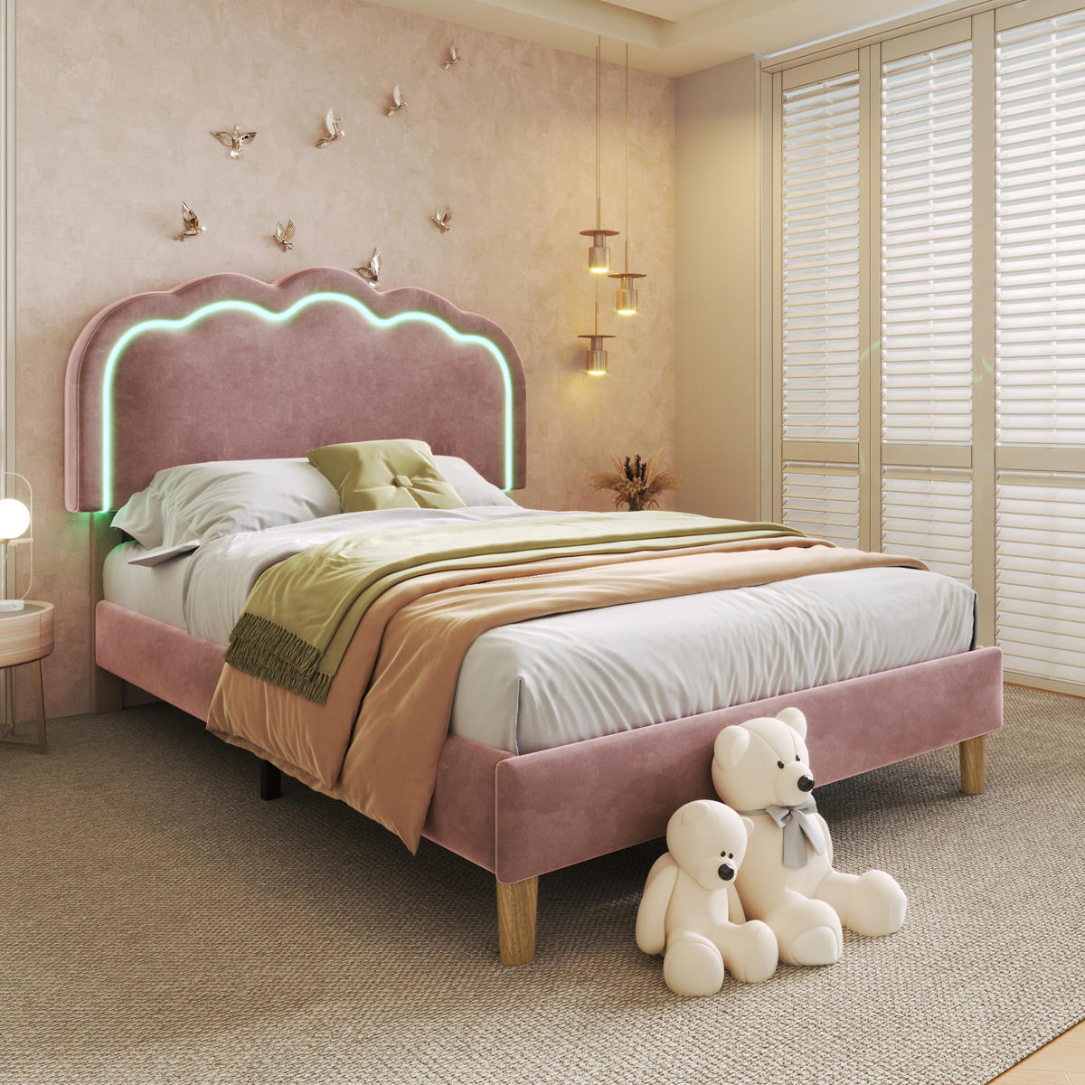 POLSTERBETT 90/190 cm aus Samt in Rosa mit LED-Beleuchtung - Pink, Textil (90/200cm) - Flora Grace