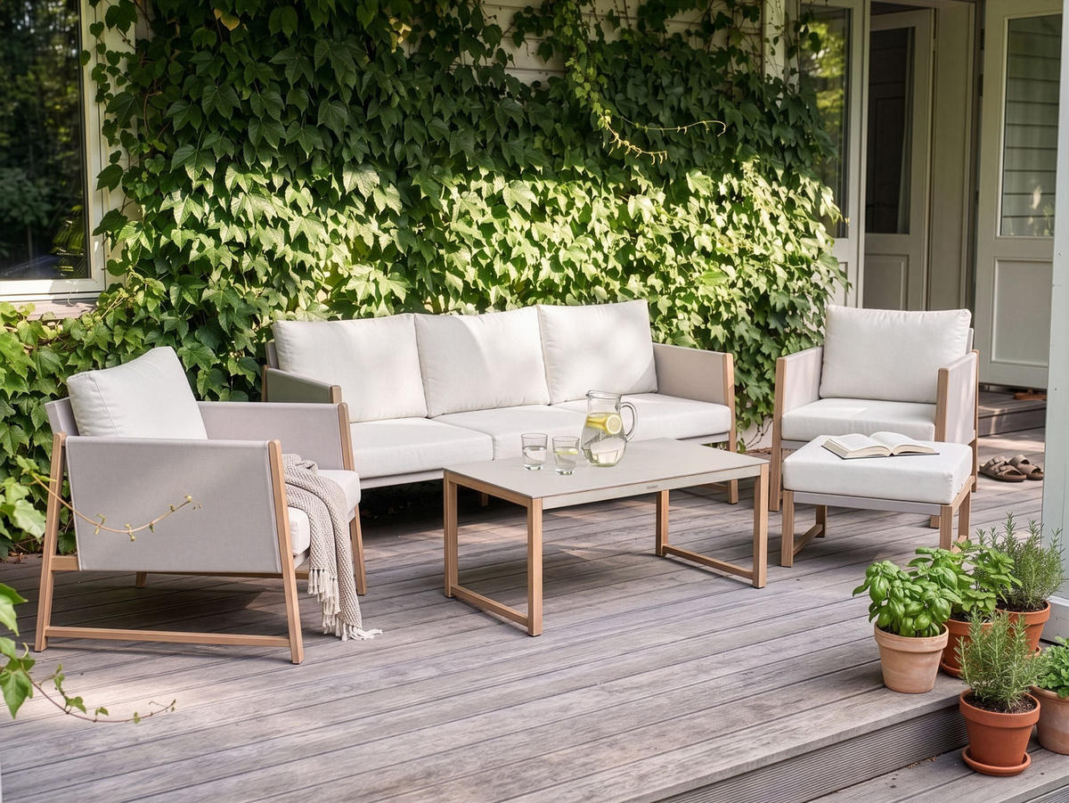 LOUNGE SADA se stolem a Otoman 5-místná Kov Světle béžová Nola - hnědá/světle hnědá, kov - Beliani