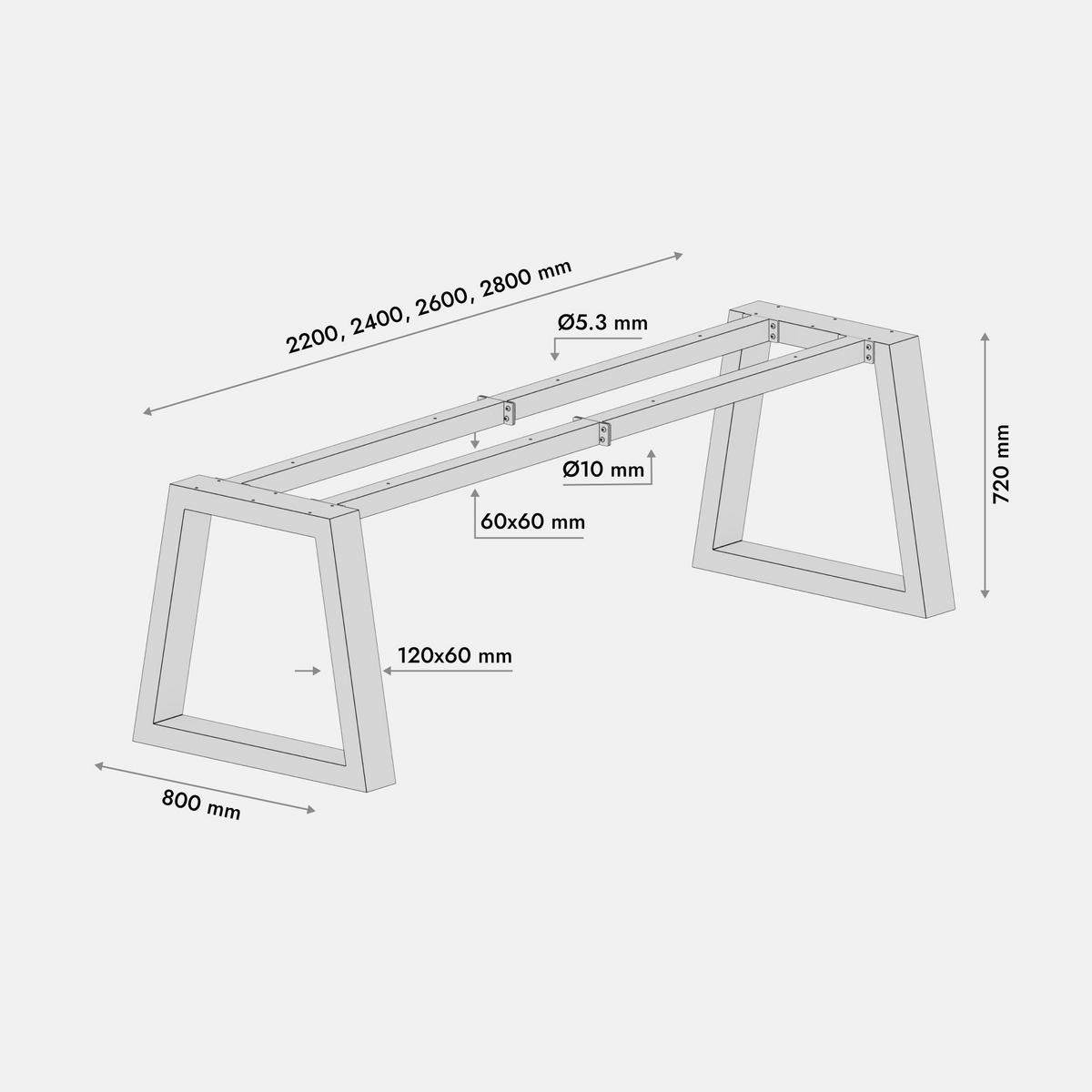 TISCHBEINE Nemesis Extreme Schwarz Metall 280/80/72 cm - Schwarz, Metall (80/72/280cm) - Metalo Pro