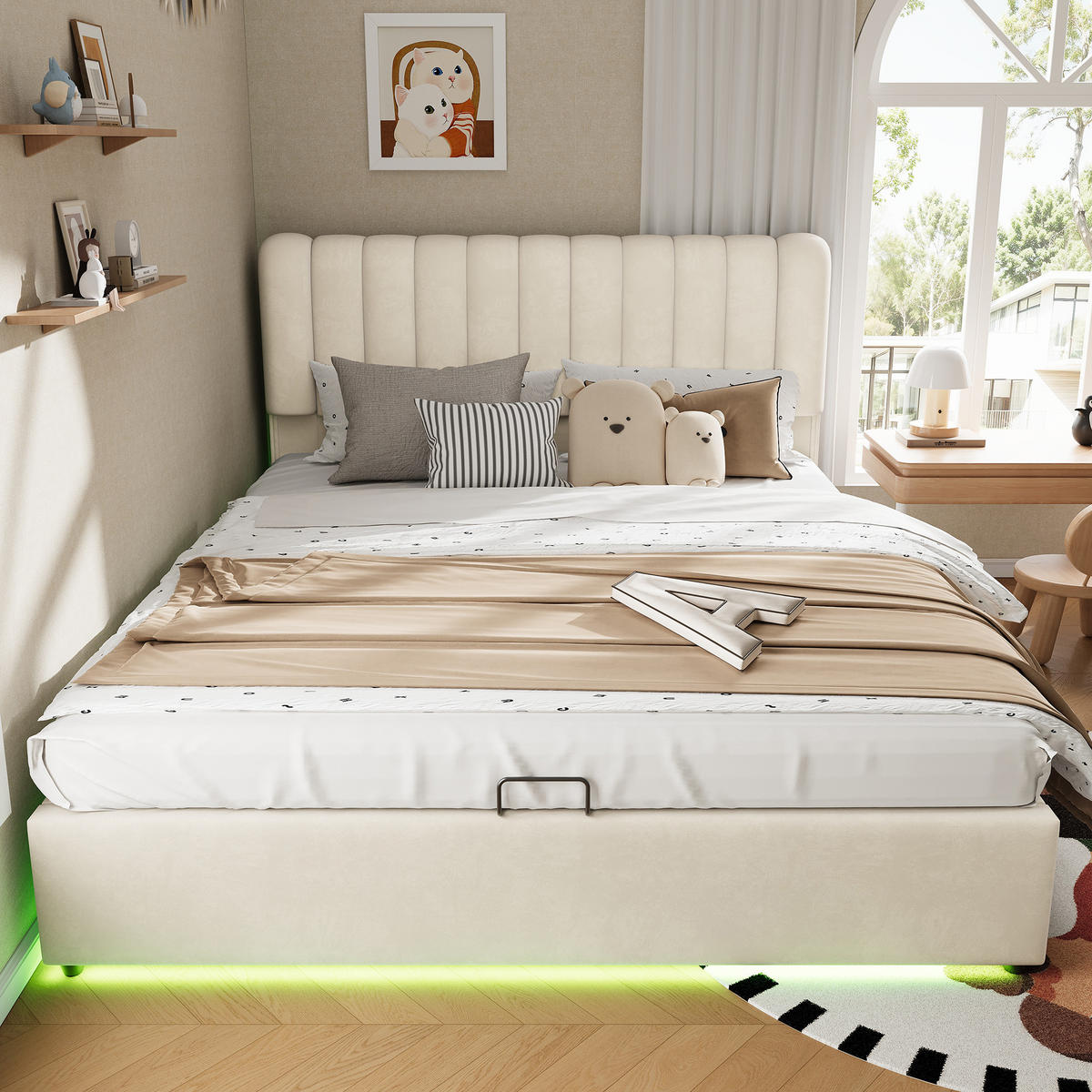 POLSTERBETT 140/200 cm in Beige mit Bettkasten, 3 Schubladen und LED aus Samt - Beige, Holzwerkstoff/Textil - STILVORA