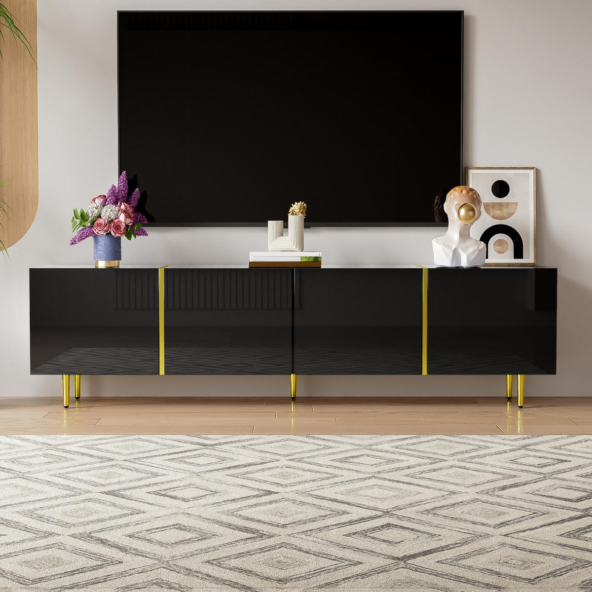 LOWBOARD 170/35/46 cm aus MDF mit Hochglanzoberfläche und 4 Türen Schwarz - Schwarz, Holzwerkstoff (170/46/35cm) - Modenvie