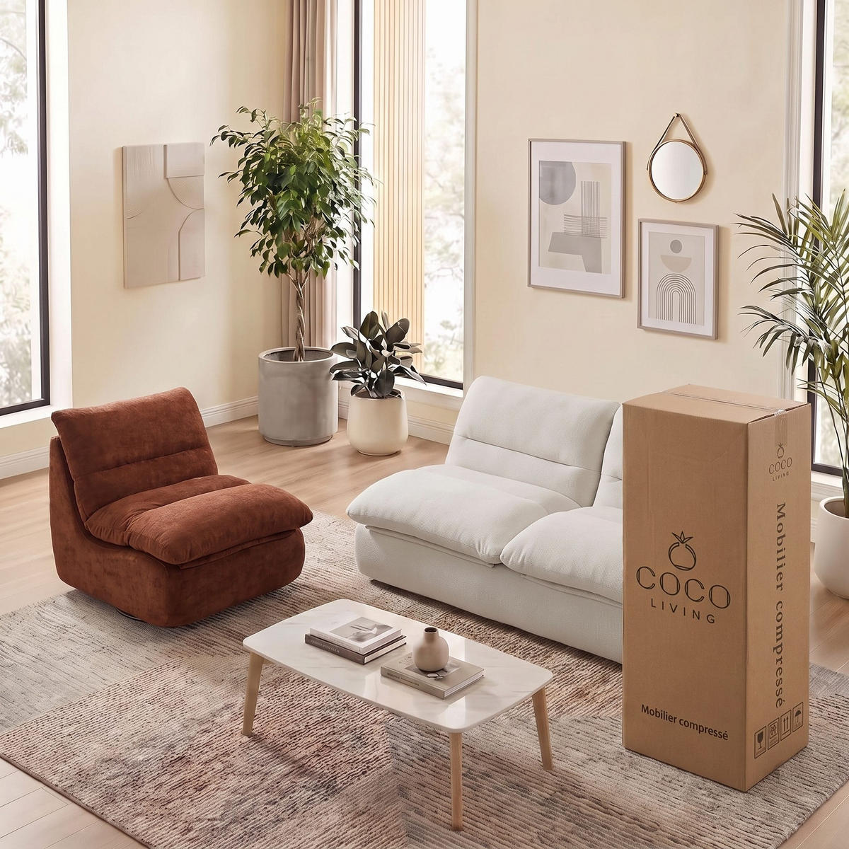 SITZGARNITUR Nuvia Sofa und Sessel Weiß und Schokolade - Weiß/Braun, Textil (160/73/100cm) - COCO Living
