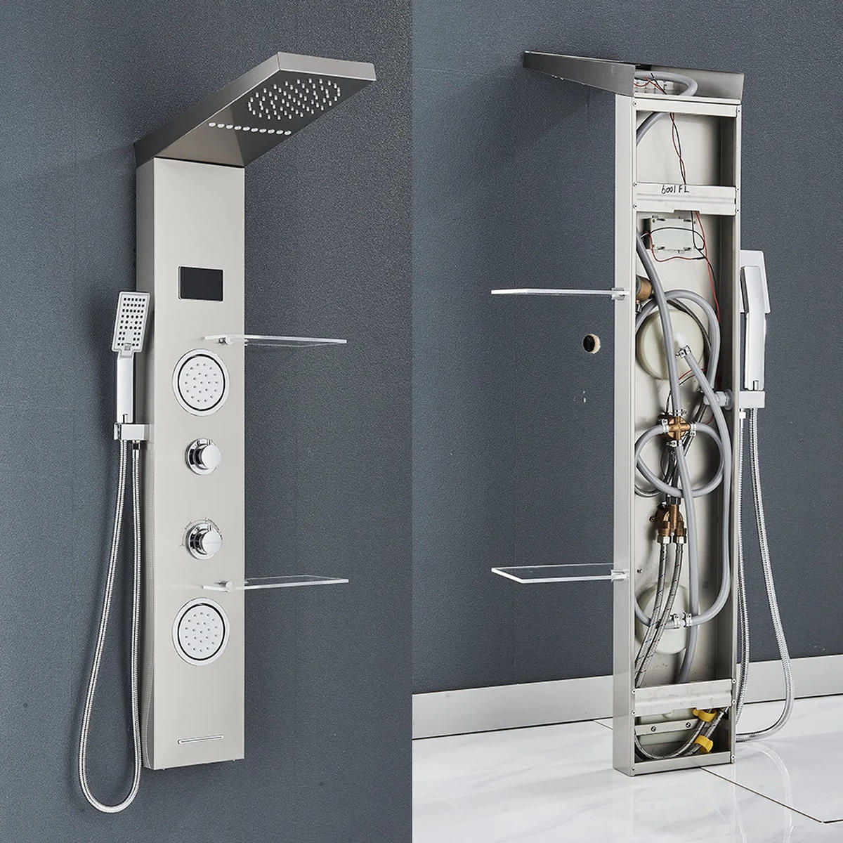 ÜBERKOPFBRAUSESET LED Mit Digitalanzeige, Gebürstetes Nickel - Silberfarben, Metall (20/124/52cm) - Kaket
