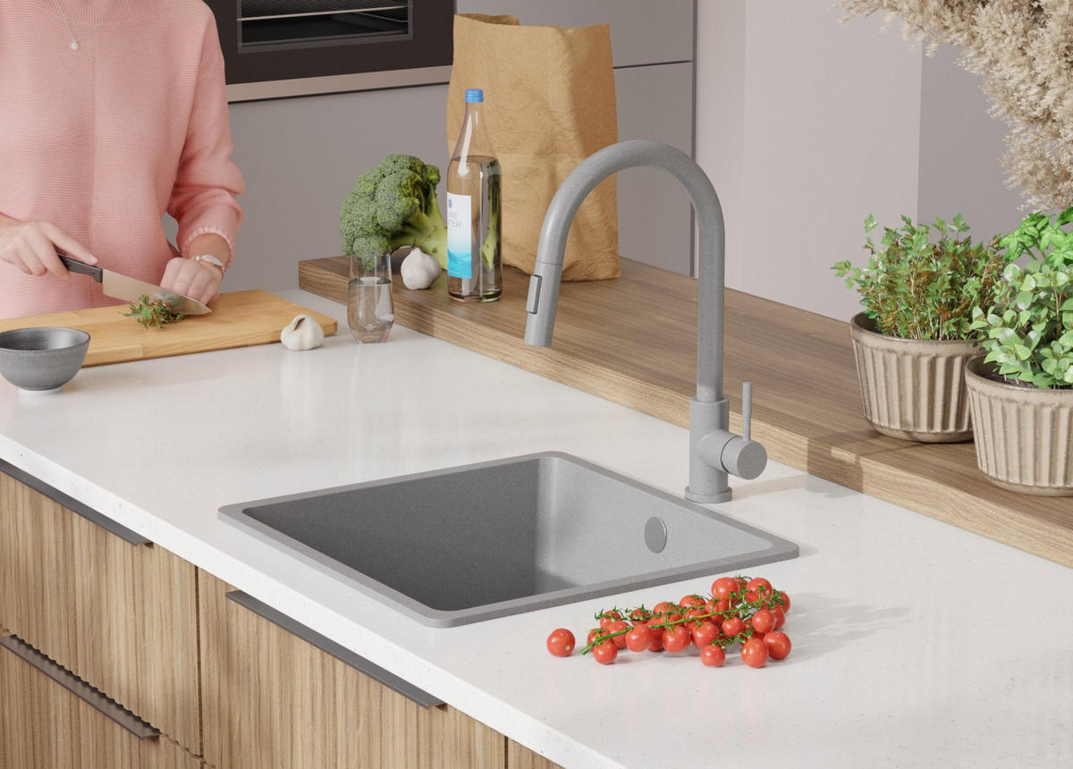 SPÜLBECKEN Venedig Slim Easy, 2-er set Grau 46/44 cm 1 Becken + Ablauf-Set ab 50er Unterschrank - Chromfarben/Grau, Kunststoff (46/20/44cm) - Primagran