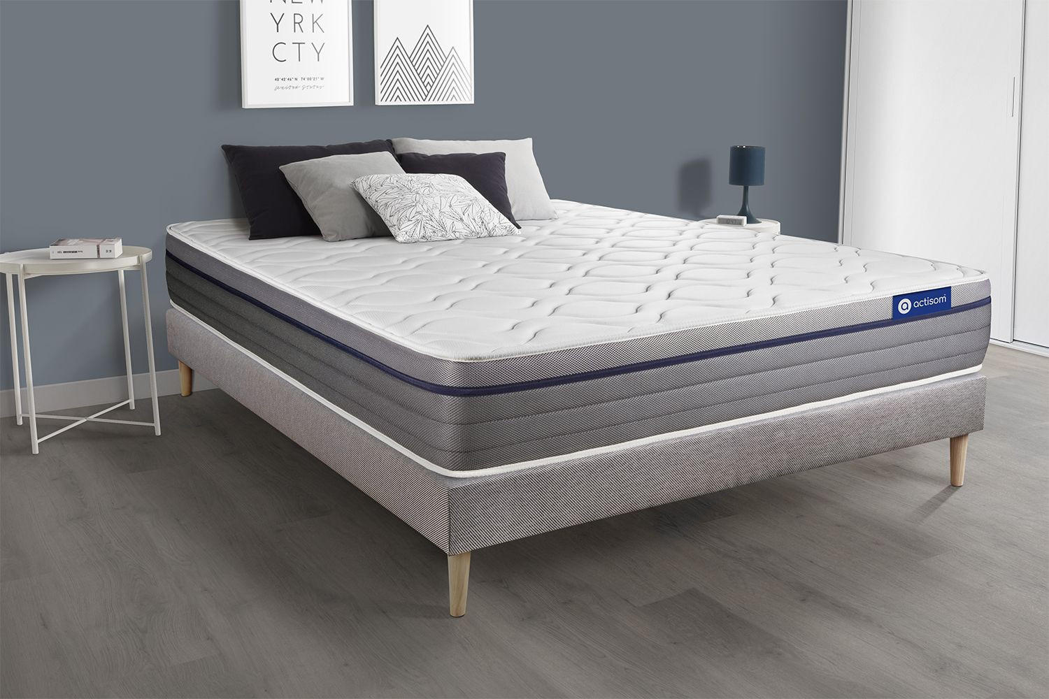 BETT Actiflex zen Taschenfederkern und Memory-Schaum 140 x 210 cm h1 - Kit Bettgestell Grau - Beige/Grau, Holz (140/210cm) - ACTISOM