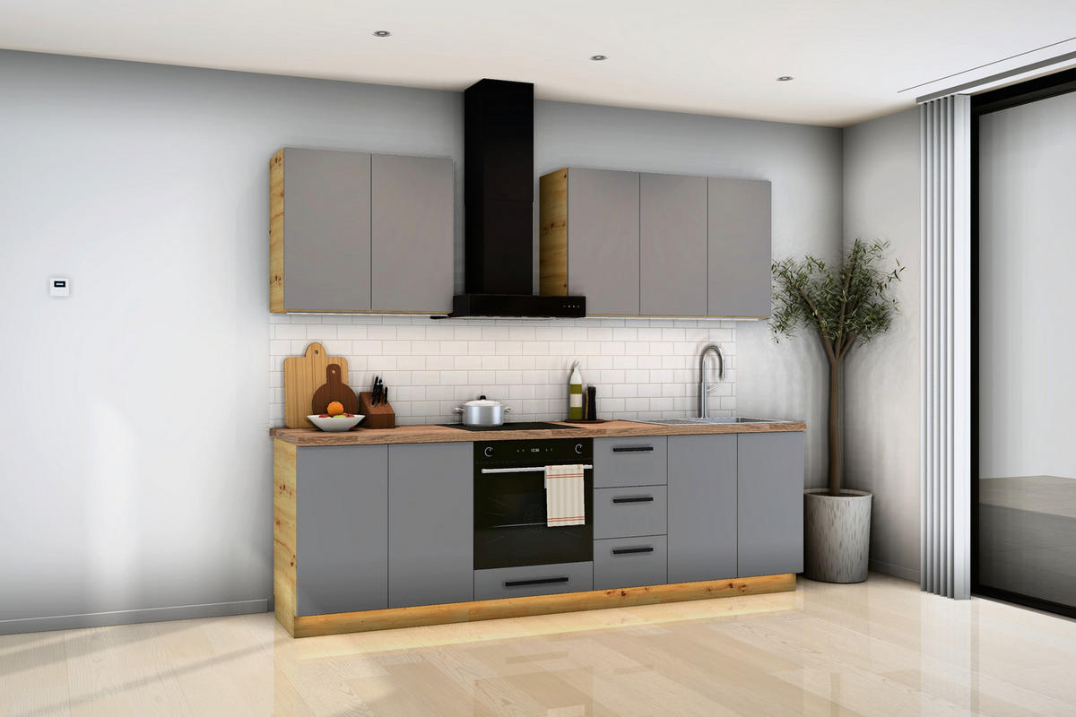 KÜCHENZEILE Nexa Grau – 260 cm – K97-G260 - Schwarz/Grau, Holzwerkstoff/Metall (260/212/52cm) - ROYAL24_MARKT