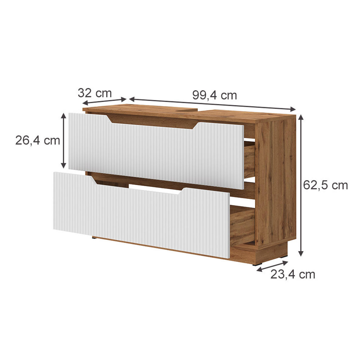 WASCHBECKENUNTERSCHRANK Lotta Eiche/weiß gestreift 99.4 x 62.5 cm mit 2 Schubladen - Eichefarben/Weiß, Holzwerkstoff (99.4/62.5/32cm) - Vicco