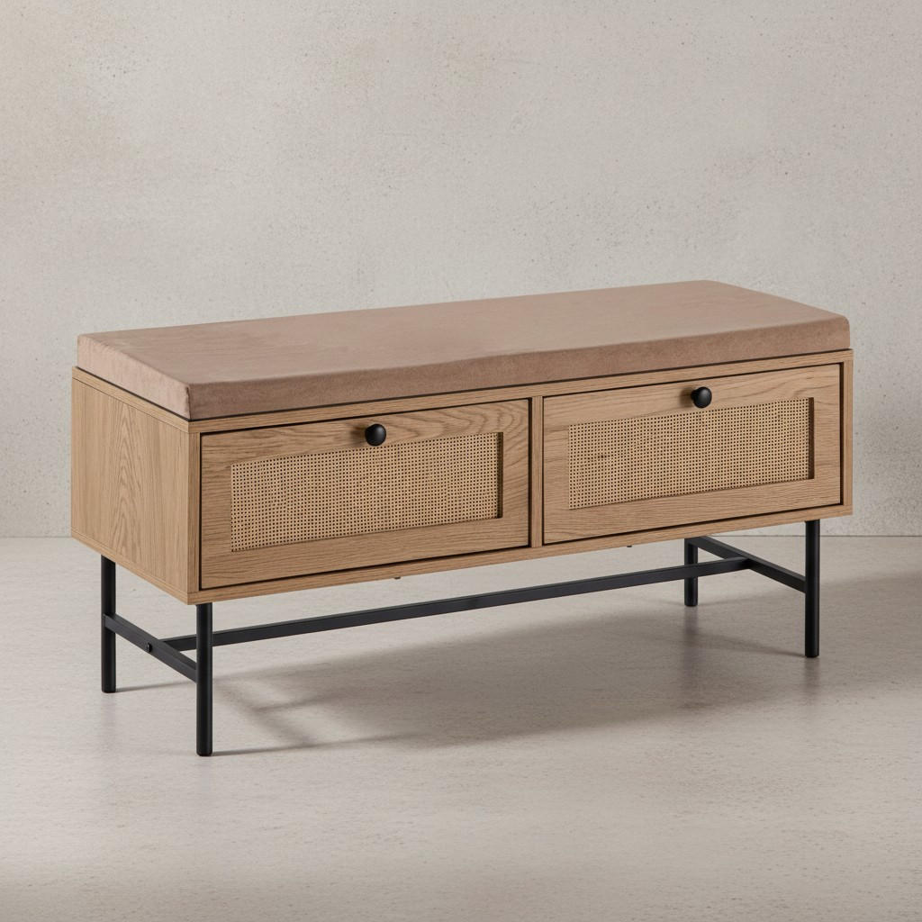 SCHUHBANK – 100x48x38 cm, Eiche-Dekor, Sitzfläche Stoff, mit Schubladen - Beige/Schwarz, Textil/Metall (100/48/38cm) - KADIMA DESIGN