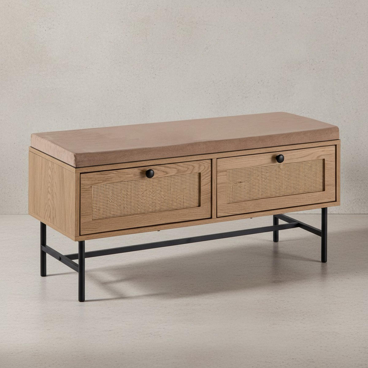 SCHUHBANK – 100x48x38 cm, Eiche-Dekor, Sitzfläche Stoff, mit Schubladen - Beige/Schwarz, Textil/Metall (100/48/38cm) - KADIMA DESIGN