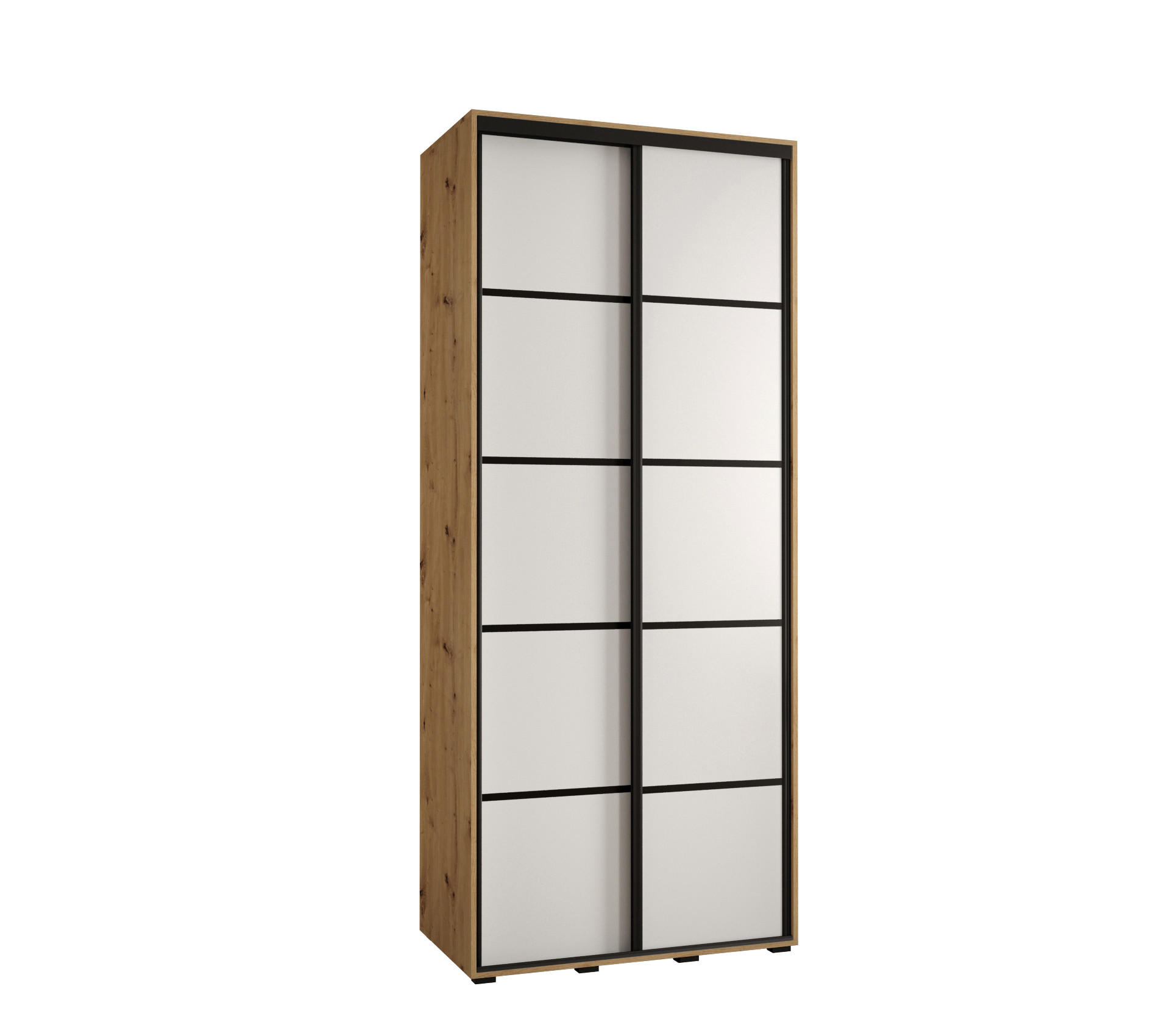 Abiks Möbel Schwebetürenschrank Eiche Artisan, Weiß, Schwarz 110x235x60 cm