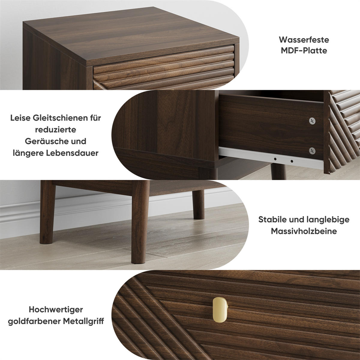 NACHTTISCH mit 1 Schublade & Goldener Griff - 2er Set Nachttische in Walnuss-Optik mit Holzbeinen - 40x 40 x 55 cm - Walnussfarben, Holzwerkstoff (40/55/40cm) - DELFA