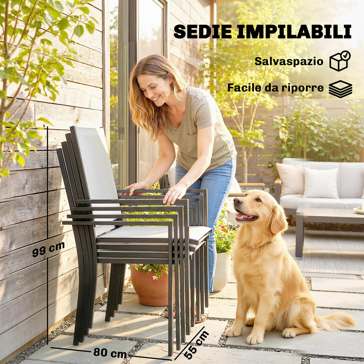 GARTEN-SET 5-teilig,4 stapelbare Stühle+Glastisch mit Schirmloch,hellgrau - Grau, Metall - Vallsero