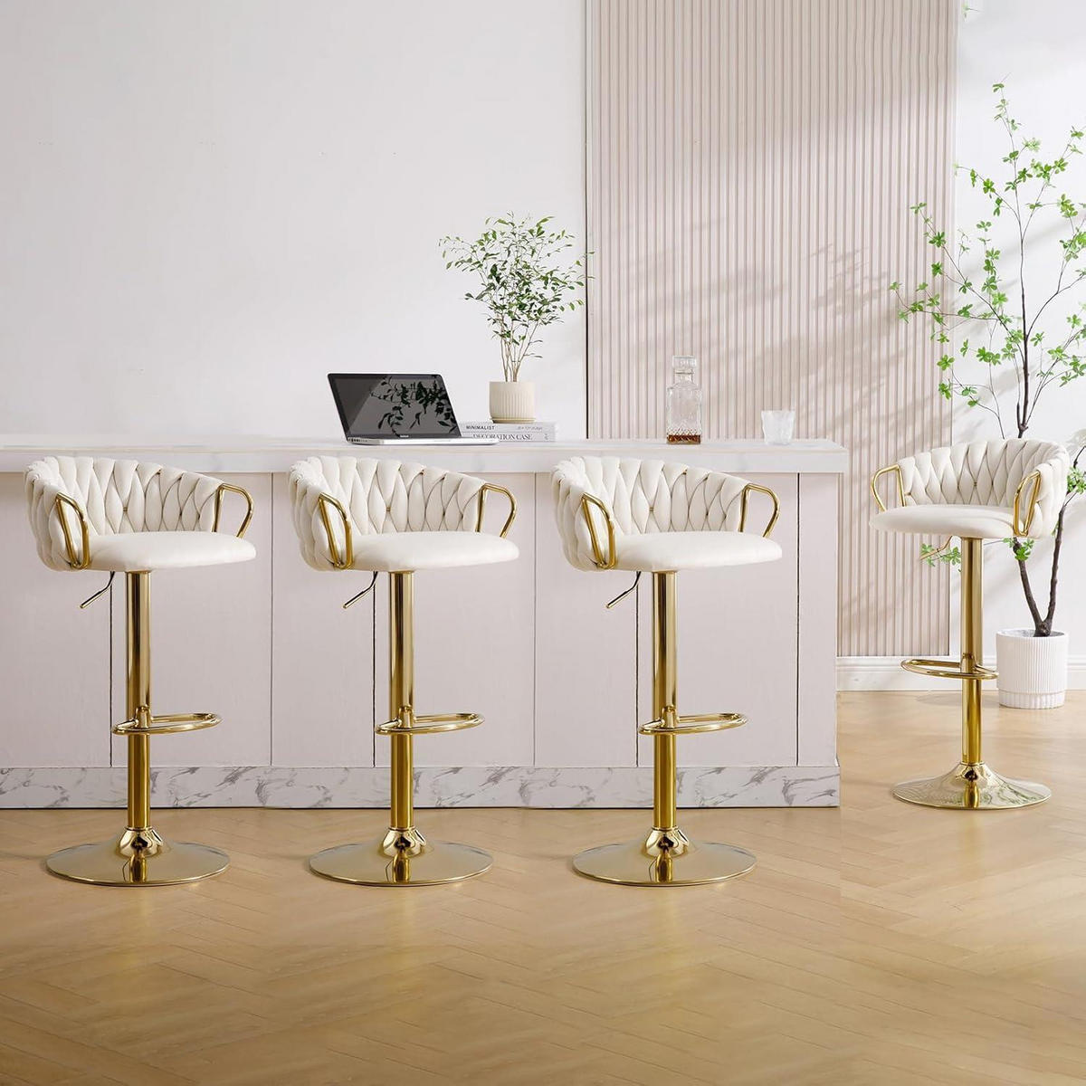 BARHOCKER 2er-Set höhenverstellbar drehbar Samt Weiß Cream - Weiß, Textil (42/100/39cm)