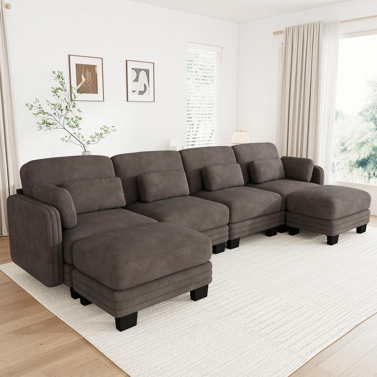 WOHNLANDSCHAFT 4-Sitzer U-Form mit 2 Hockern, DE-42686, Braun - Braun, Holz (330/88/143cm) - ComfortXL