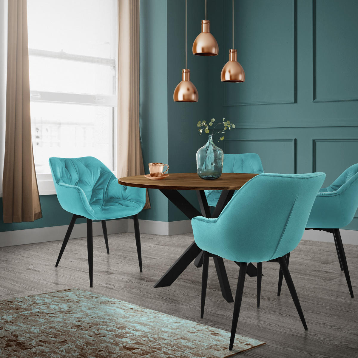 ESSZIMMERSTÜHLE 2er Set Petrol Samt - Blau/Schwarz, Metall (67/83/59cm) - ML-DESIGN