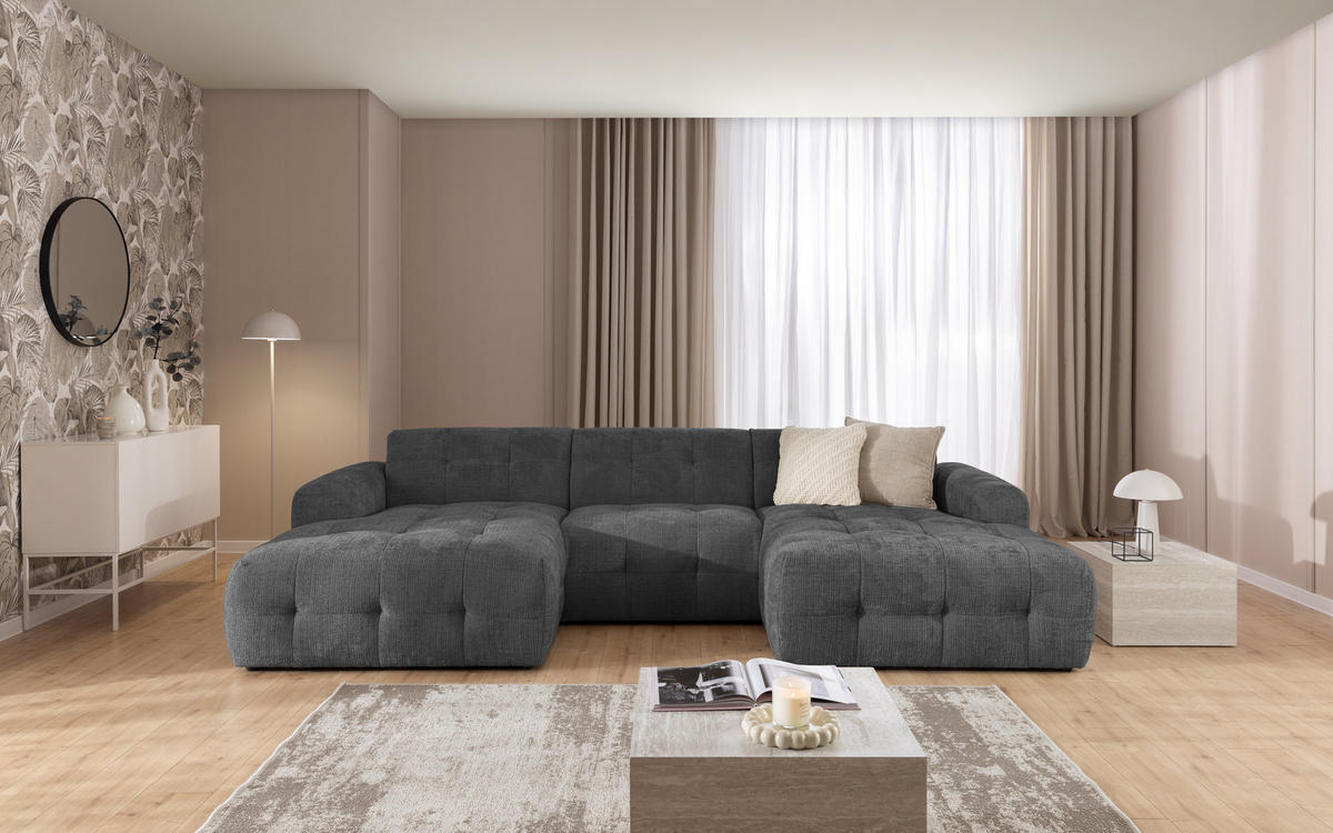 WOHNLANDSCHAFT Kozy im Bumpy-Design mit fester Rückenlehne aus weichem Grau Chenille-Stoff - Schwarz/Grau, Holz/Kunststoff (323/79/161cm) - S-Style Möbel