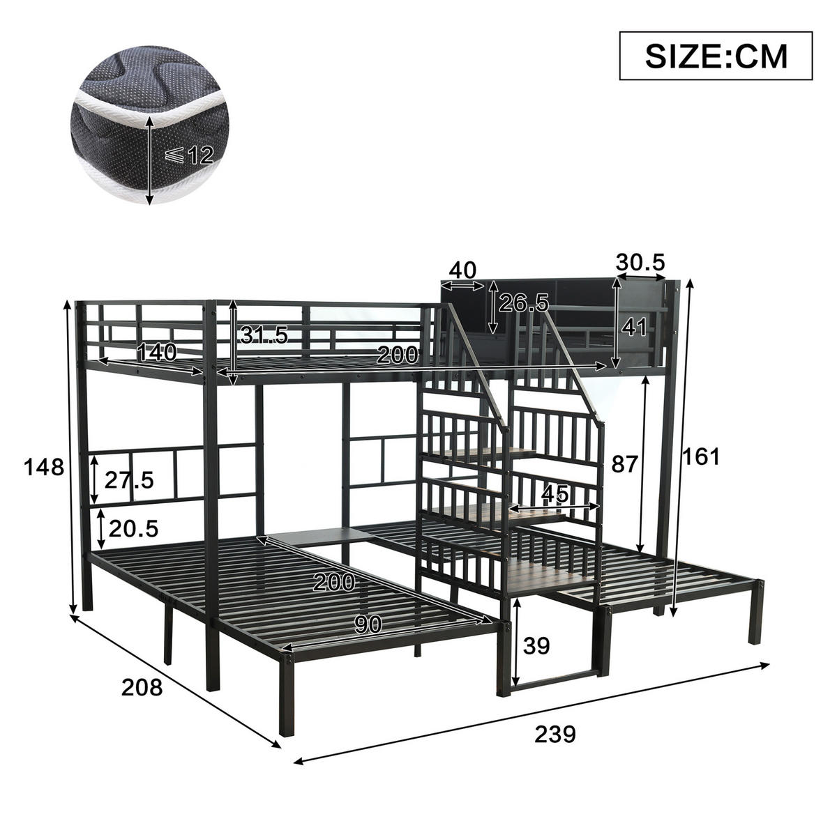 POSCHODOVÁ posteľ z kovu a dreva, 90/200 & 140/200 cm čierna, so schodmi a úložným priestorom - čierna, kov (90/200cm) - BEAOK