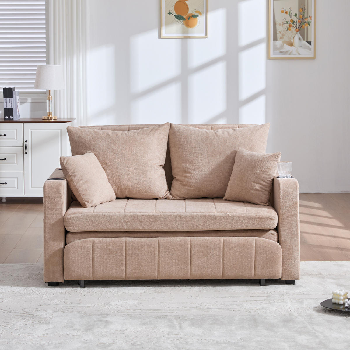 SCHLAFSOFA 139/83/58 cm mit Schlaffunktion, USB-Anschluss, Getränkehaltern und Armlehnentaschen, Chenille, Khaki - Beige, Textil (139/83/73cm) - Redom