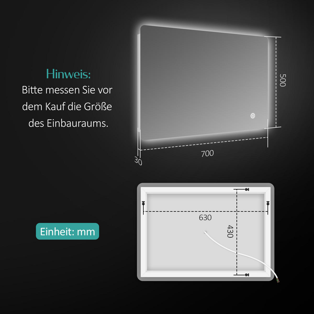 BADSPIEGEL mit Touch-Schalter Beleuchtung Rechteckig 70/50 cm - Weiß, Glas (50/3/70cm) - EMKE