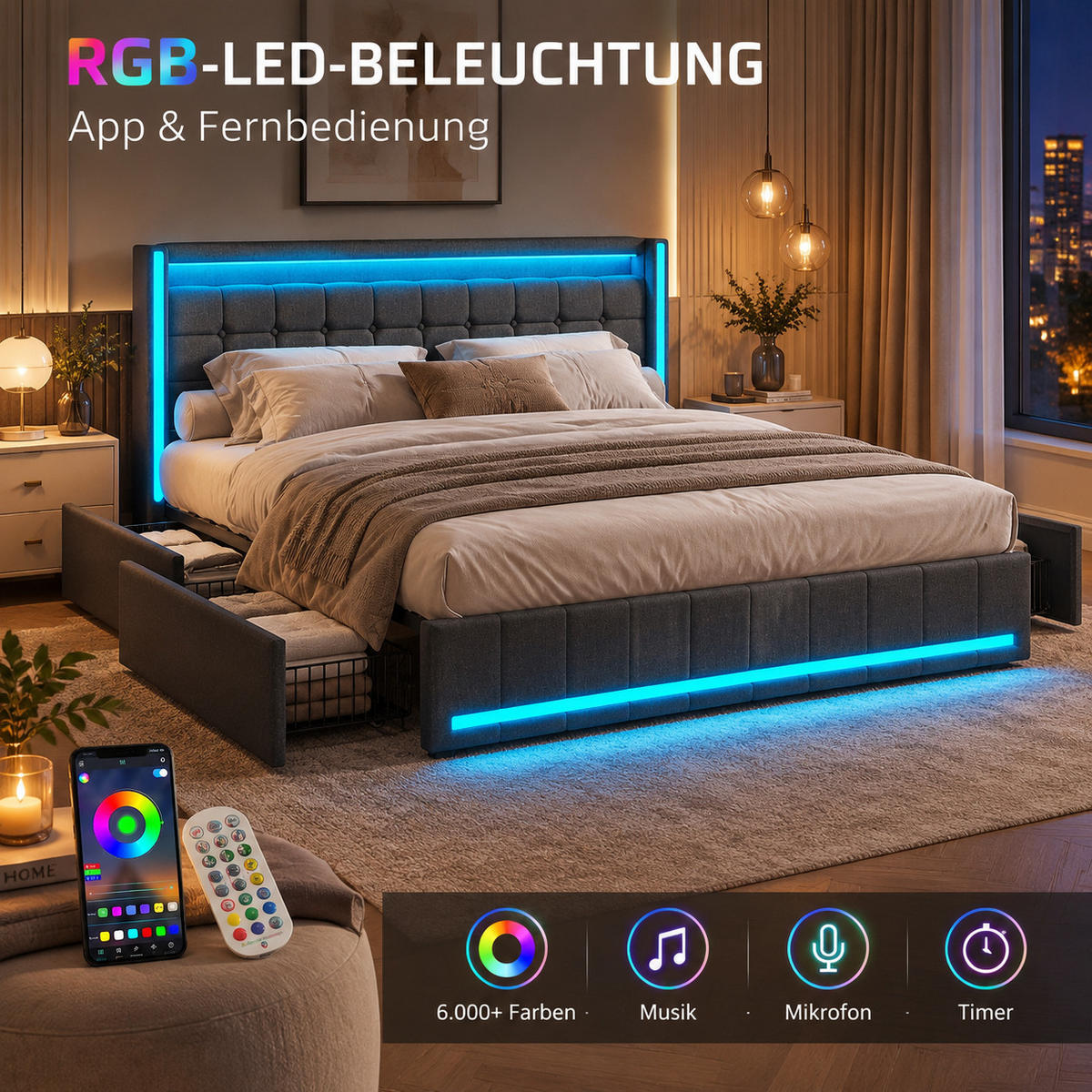 POLSTERBETT 140/200 mit RGB LED, 4 Stauraumschubladen, USB & Type C, App- und Fernbedienung, Bettgestell mit Lattenrost - Dunkelgrau, Holz/Metall (140/200cm) - Joyfair