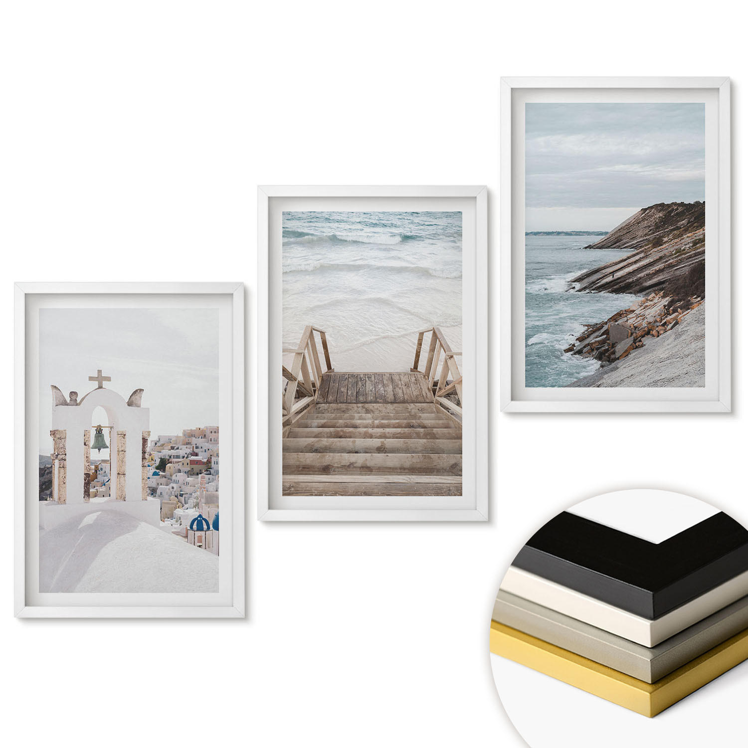 WANDBILDER 3er-Set - 40x60 cm Weißer Rahmen - Meeresarchitektur Santorin - Weiß, Kunststoff (40/60cm) - ArtPrintCave