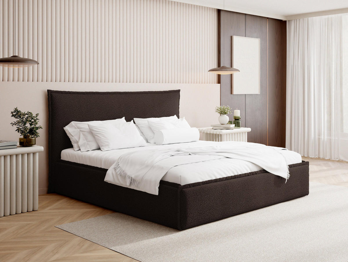 POLSTERBETT Pillow mit Bettkasten, Lattenrost & hohem Kopfteil in Braun Bouclé 160x200 cm - Birkefarben/Schwarz, Holz/Kunststoff (160/200cm) - WFL GROUP