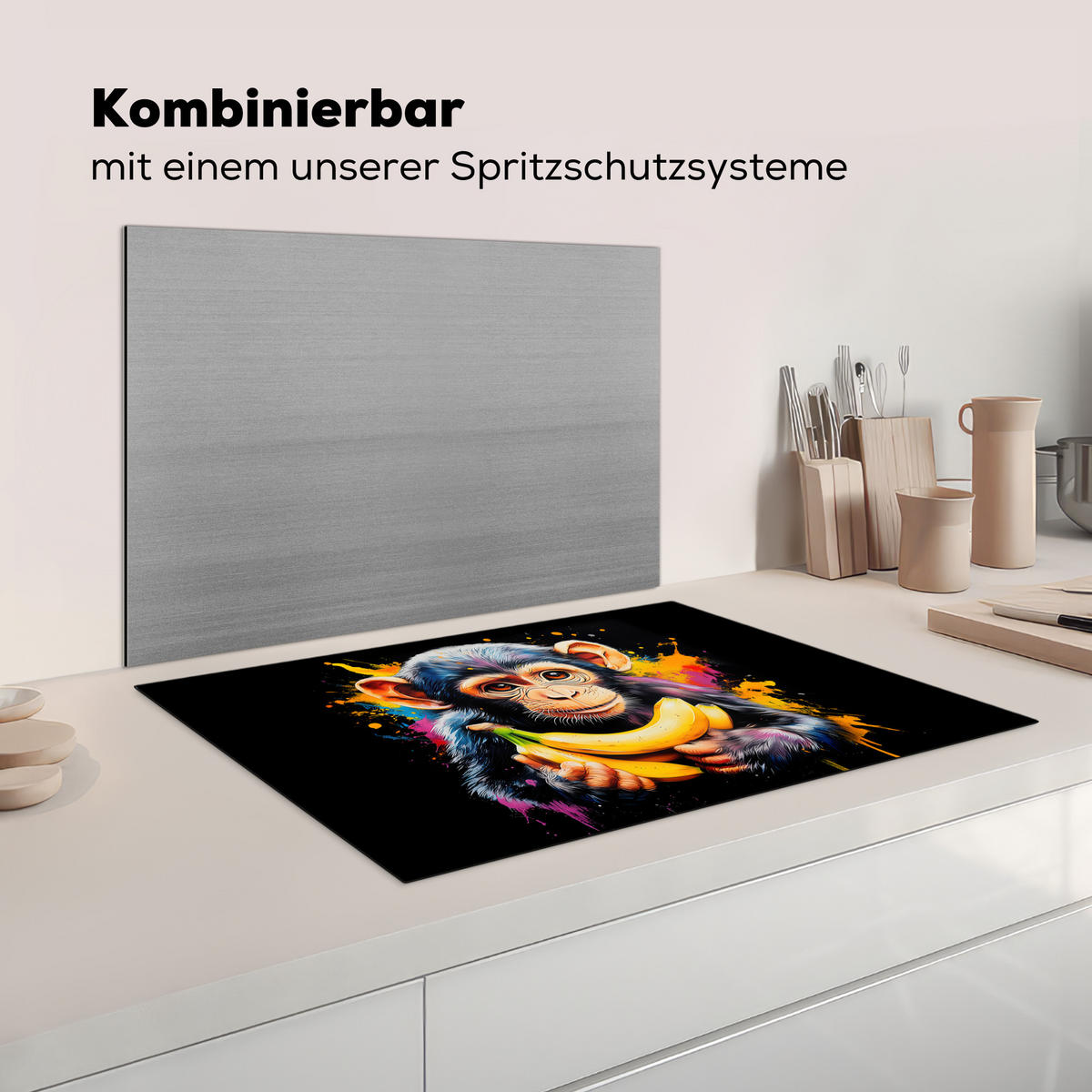 KRYT NA INDUKČNÍ DESKU Opice - Graffiti - Barevné - Banány - Moderní 78x52 cm - žlutá, plast (78/52/0.2cm) - MuchoWow